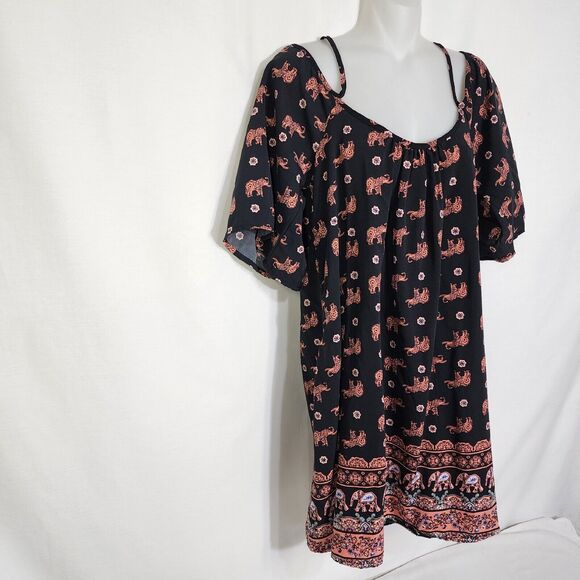 Rue 21 Women Mini Dress Medium Cold Shoulder Elephant Black Pink Spaghetti Strap - Picture 4 of 10
